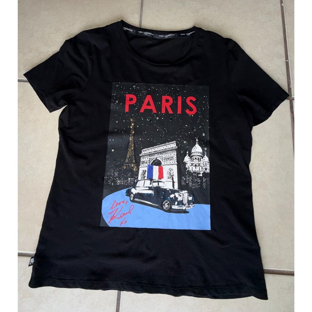 Karl Lagerfeld Paris Black Graphic Tee Shirt Women's L Love Karl Rhinestone Arc